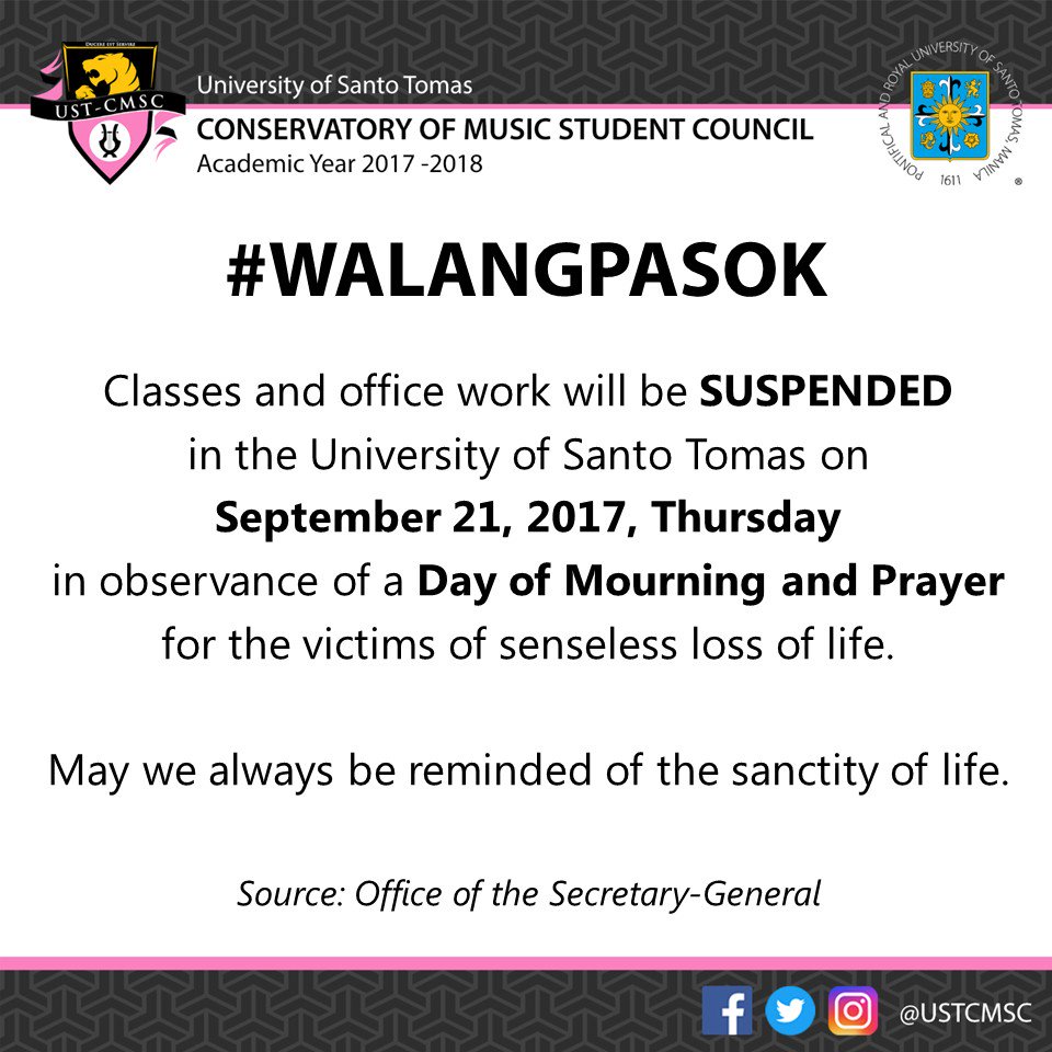 ustcmsc's tweet photo. #CMSCAdvisory #WalangPasok
Classes and office work will be SUSPENDED on Sept. 21, 2017 in observance of a Day of Mourning and Prayer. https://t.co/jBstSjC6QR