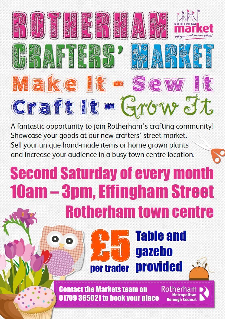 RothTownCentre's tweet photo. Crafters and makers wanted for our brand new monthly Craft Market. Only £5 per stall! #Rotherhamiswonderful @Rothbiz @makersemporium https://t.co/roGGgykSXR