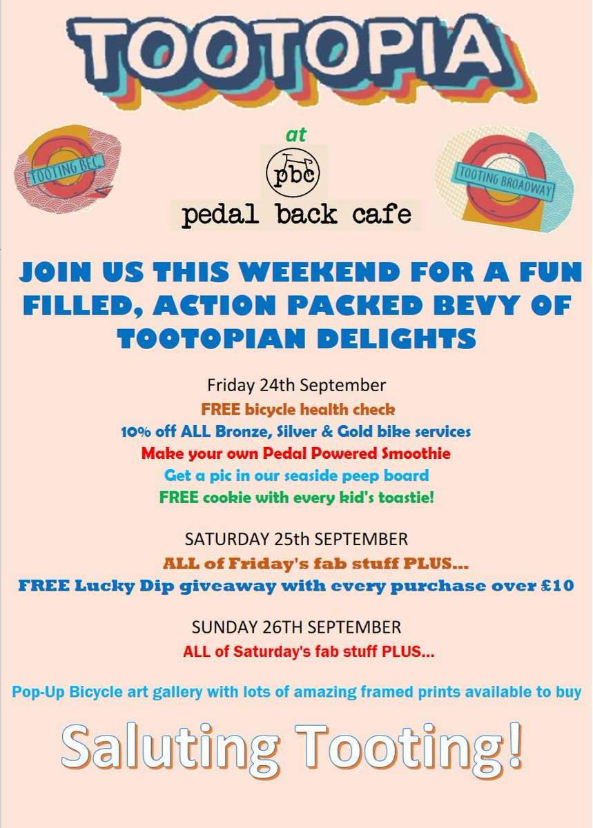 PedalBackBikes's tweet photo. Only 2 days to go!! Loads of good stuff happening at PBC this weekend, it's going to be epic!  #Tootopia #tooting #pedalpowersmoothies https://t.co/orRkQ0x8nx
