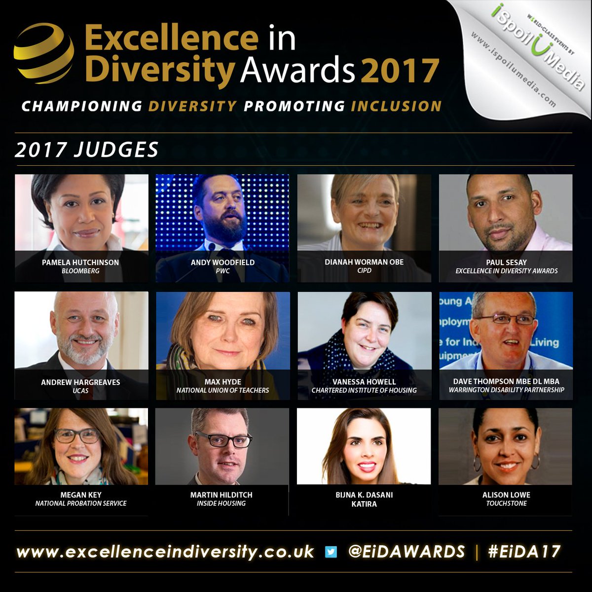 InclusiveAwards's tweet photo. We are thrilled to have such an esteemed, highly regarded and respected judging panel for this year's #EiDA2017 Awards! https://t.co/rBZjxihnKI