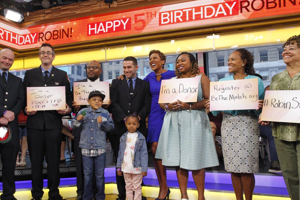 GMA's tweet photo. It’s @RobinRoberts’ 5th birthday! 5 years ago she had her life saving bone marrow transplant from her sister @SallyAnnWWL #RobinStrong https://t.co/a0SivVyiz9