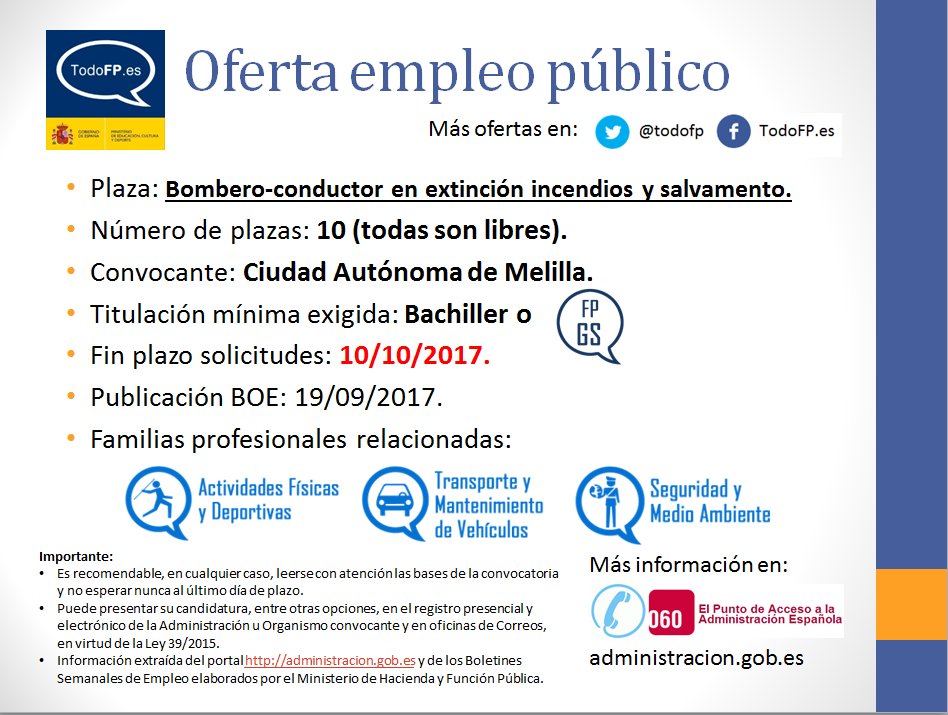 todofp's tweet photo. 🚒 Los técnicos FP-S apasionados por el mundo de los #bomberos pueden optar a 10 plazas de conductor en #Melilla https://t.co/r9DbCjVLlp https://t.co/VtPhPb2ecN