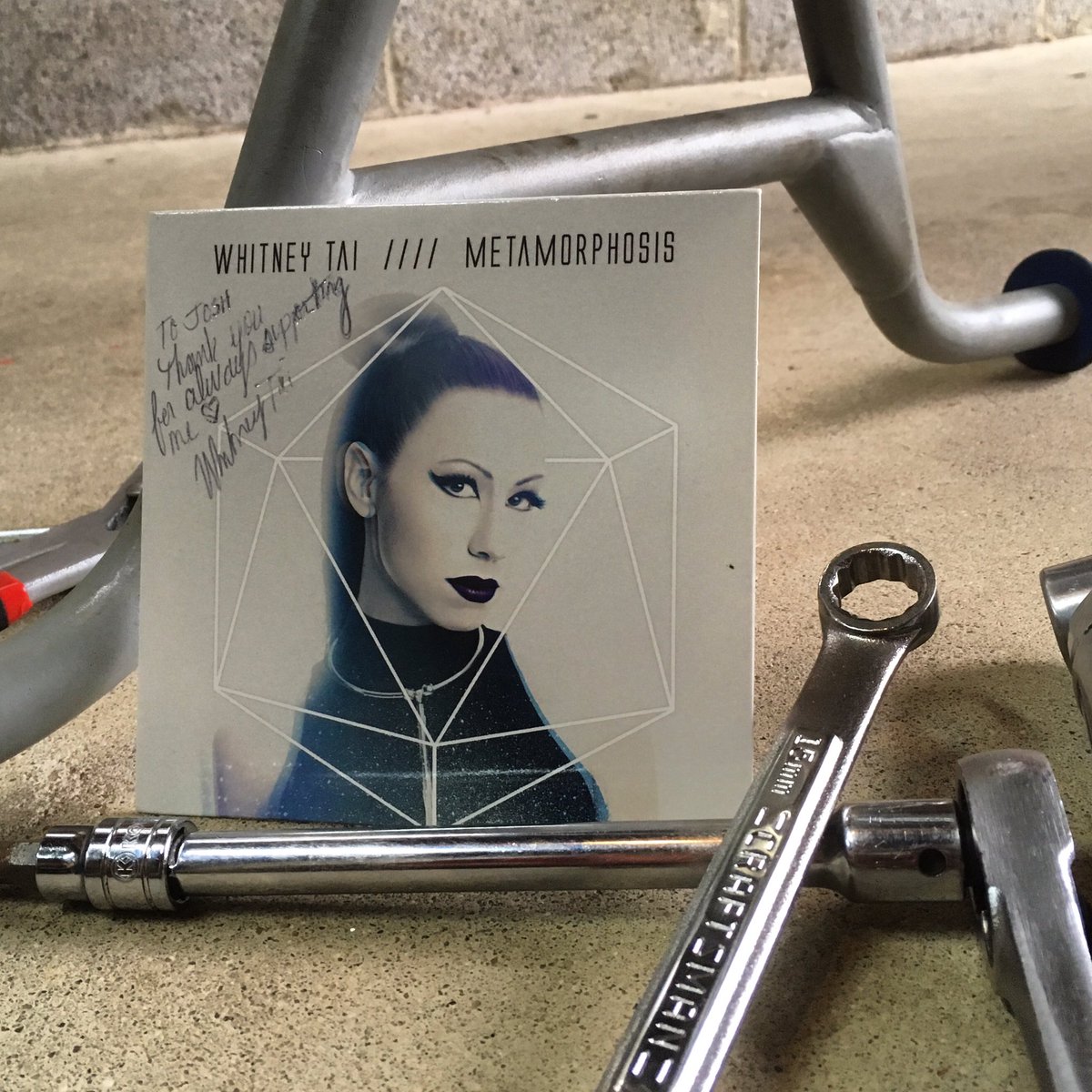 jplu5's tweet photo. Out in the shop blasting my signed copy of @Whitney_Tai Metamorphosis, killer tunes! #whitneytai #ibuildbikes https://t.co/dattg1JEGL
