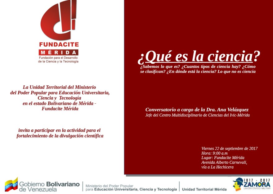 IVICdeMerida's tweet image. El 22 de septiembre a las 9:00 am en sede @fundacitemerida conversaremos sobre ¿Qué es la ciencia? con la Dra. Ana Velásquez, Jefe del CMC.