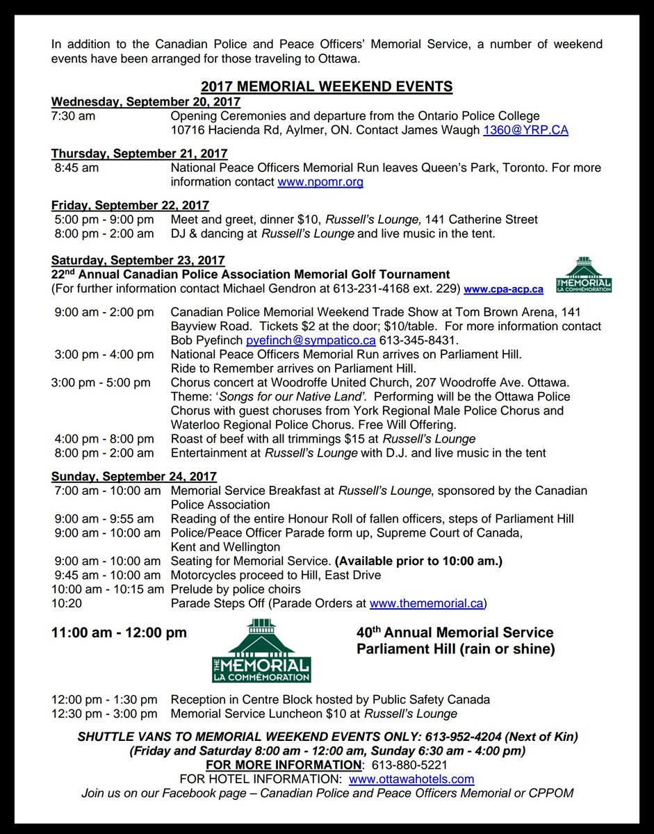 CPPOM's tweet image. Schedule of events 40th Anniversary Canadian Police &amp;amp; Peace Officers Memorial weekend in Ottawa Ontario Canada Sept 22-24/2017 #HeroesInLife