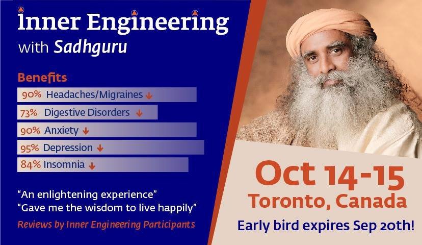 rajaain2002's tweet photo. Today's the last day to register today for Inner Engineering with Sadhguru in Toronto Oct 14-15 &amp; get early bird discount
#SadhguruInToronto https://t.co/qijg4CDQ7n
