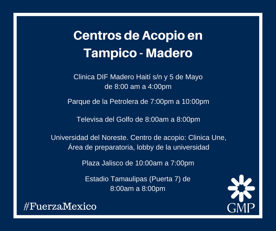 GMPSADECV's tweet photo. Únete a los esfuerzos y acude a los centros de acopio, todos podemos ayudar. #AyudaCiudadana #Tampico #Madero #FuerzaMexico https://t.co/HOoeVkOtZQ