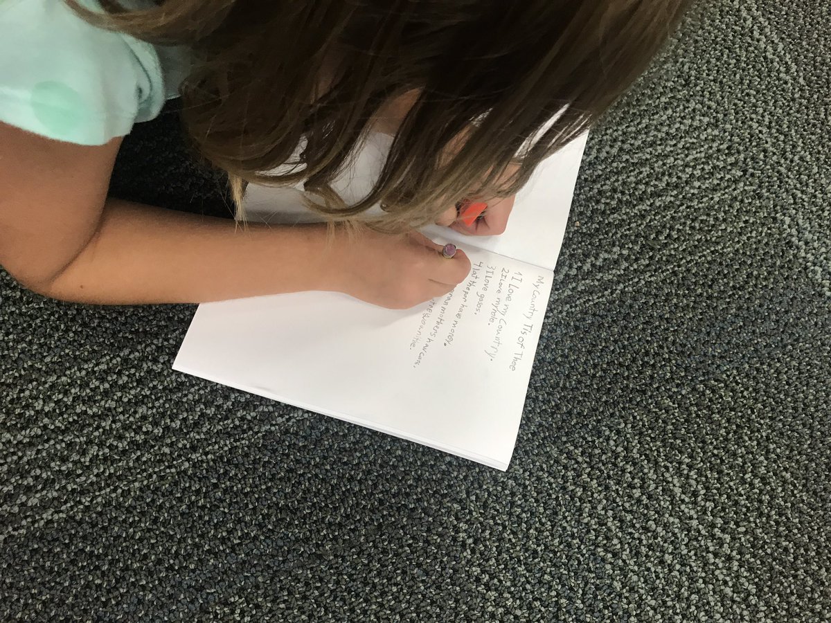 CourtneyTeters's tweet photo. After reading a book, 2nd grade is writing their own verses to "My Country 'Tis of Thee!" @Nance_specials #701Learns https://t.co/rzKtvVTAD1