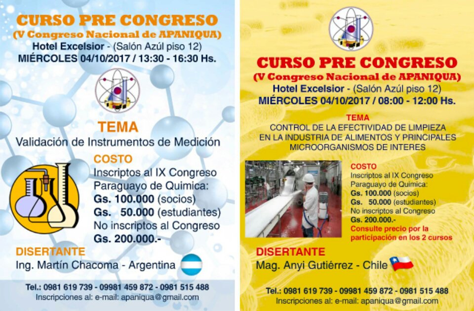 APANIQUA ofrece 2 cursos Pre Congreso. Inscripciones de los mismos: apaniqua@gmail.com
