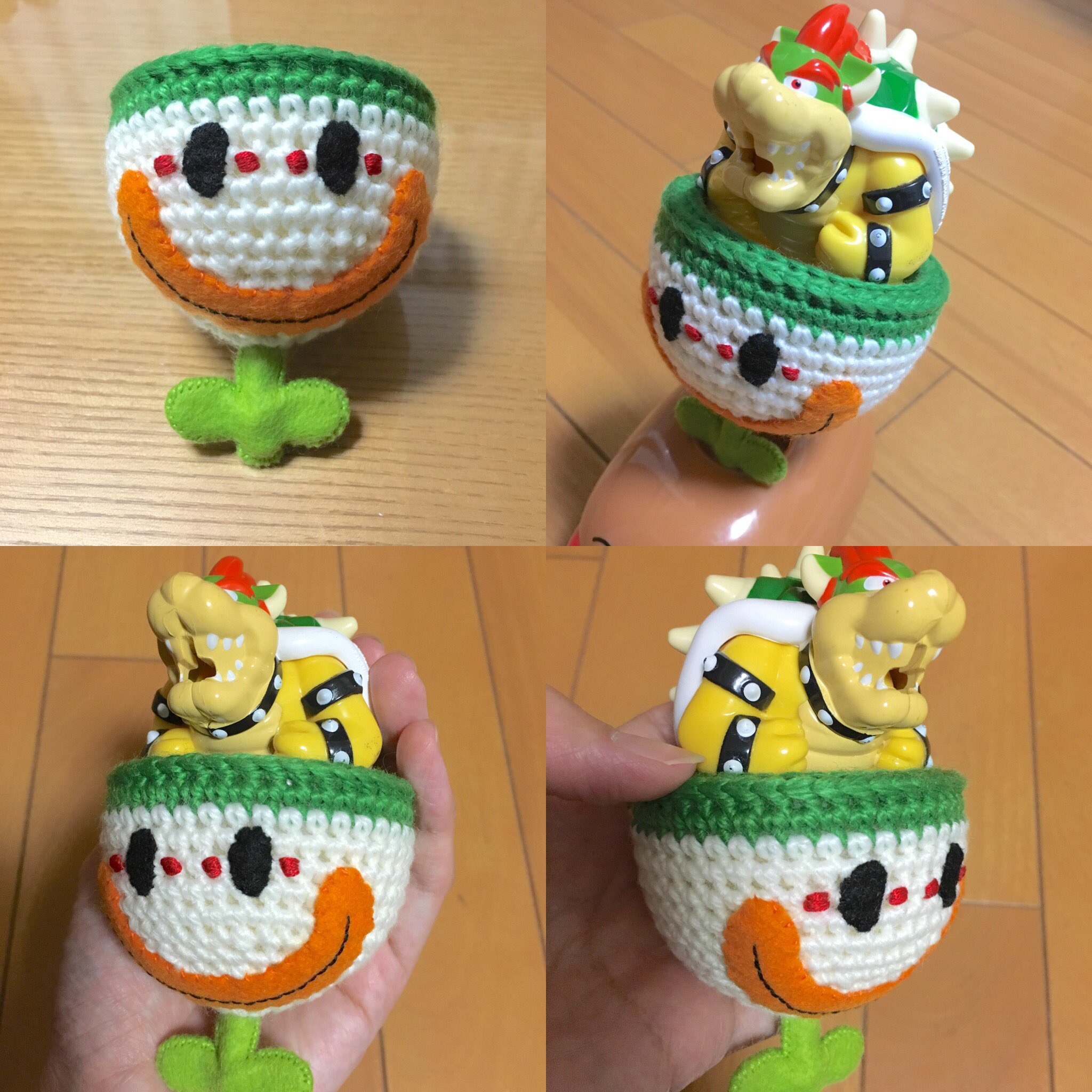 Shinla N クッパクラウンを作りました 葉っぱの所はワイヤー 顔の方はガチャガチャのカプセルを編みくるんであります クッパはハッピーセットのおもちゃです スーパーマリオ スーパー マリオメーカー クッパ クッパクラウン 編みぐるみ 編み物