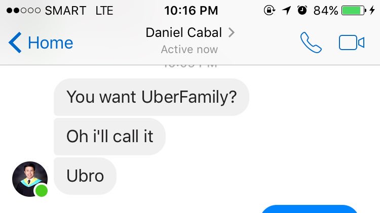 kcabal25's tweet photo. So... @nielcabal1347 just offered me a ride home. #Ubro #UberFamily 😂😂😂 https://t.co/2pgN83xY4j