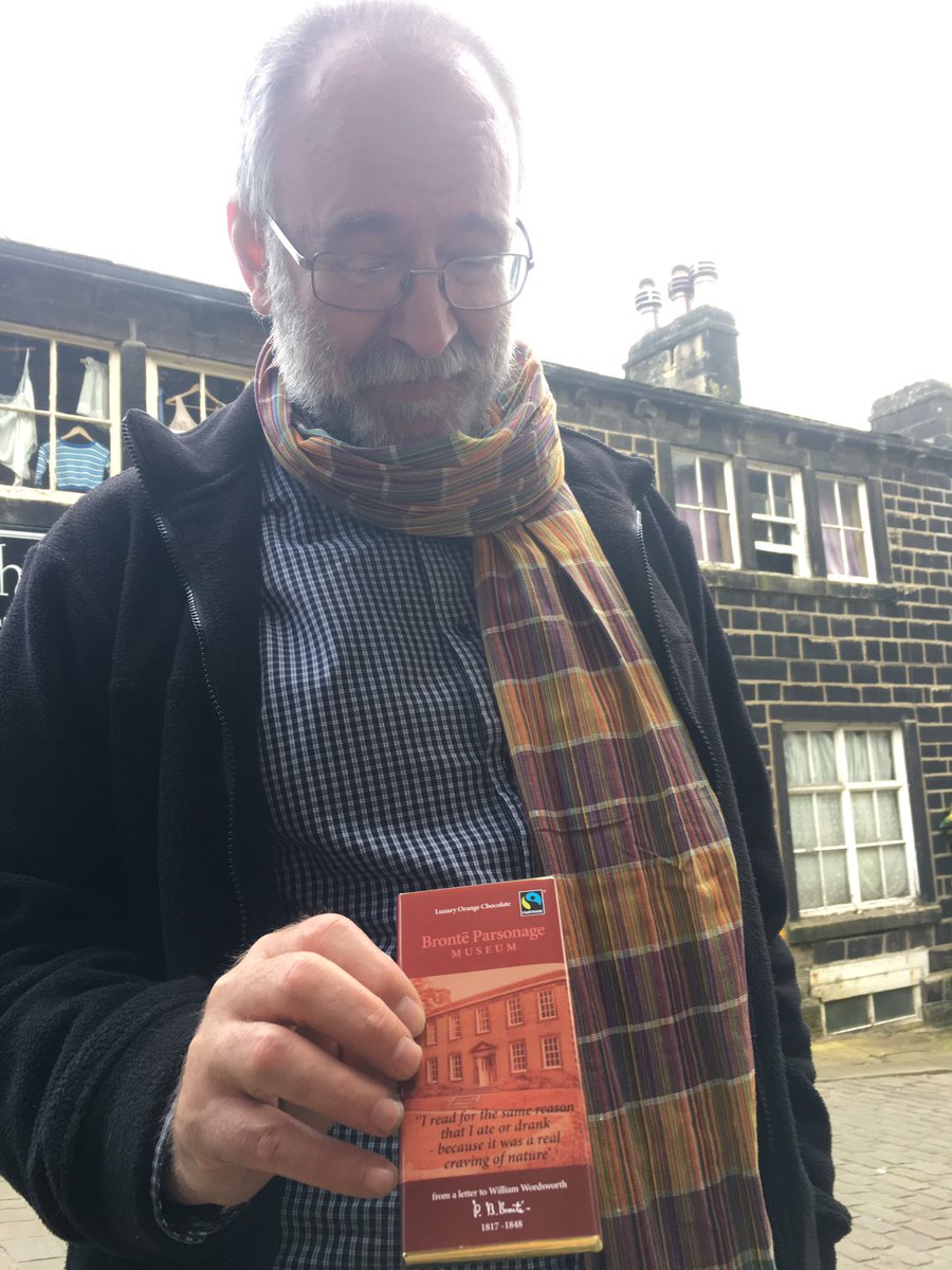 Bruce Crowther from the <a href="/FairTradeCentre/">The FIG Tree</a> so pleased to find this specially made #Fairtrade chocolate bar <a href="/BronteParsonage/">Brontë Parsonage Museum</a> this afternoon!