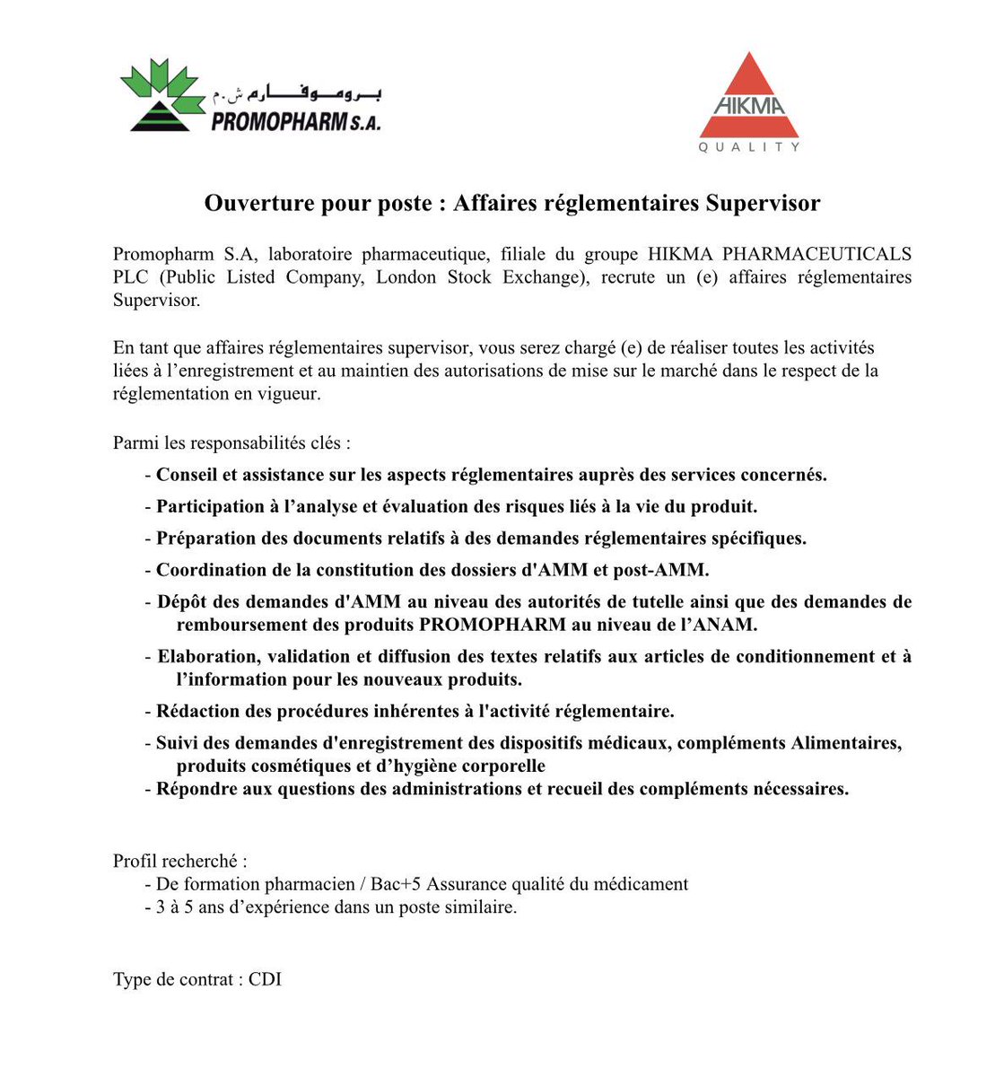 Pharma Francophone On Twitter Affaires Reglementaires Supervisor Promopharm Maroc Emploi Pharmaceutique