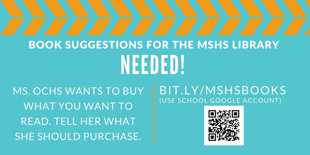 LibraryMSHS's tweet photo. Students - Ms. Ochs is ordering books in two weeks. Suggest books for the library at: https://t.co/DAUMhvRUl0 https://t.co/lJ4ywofe84