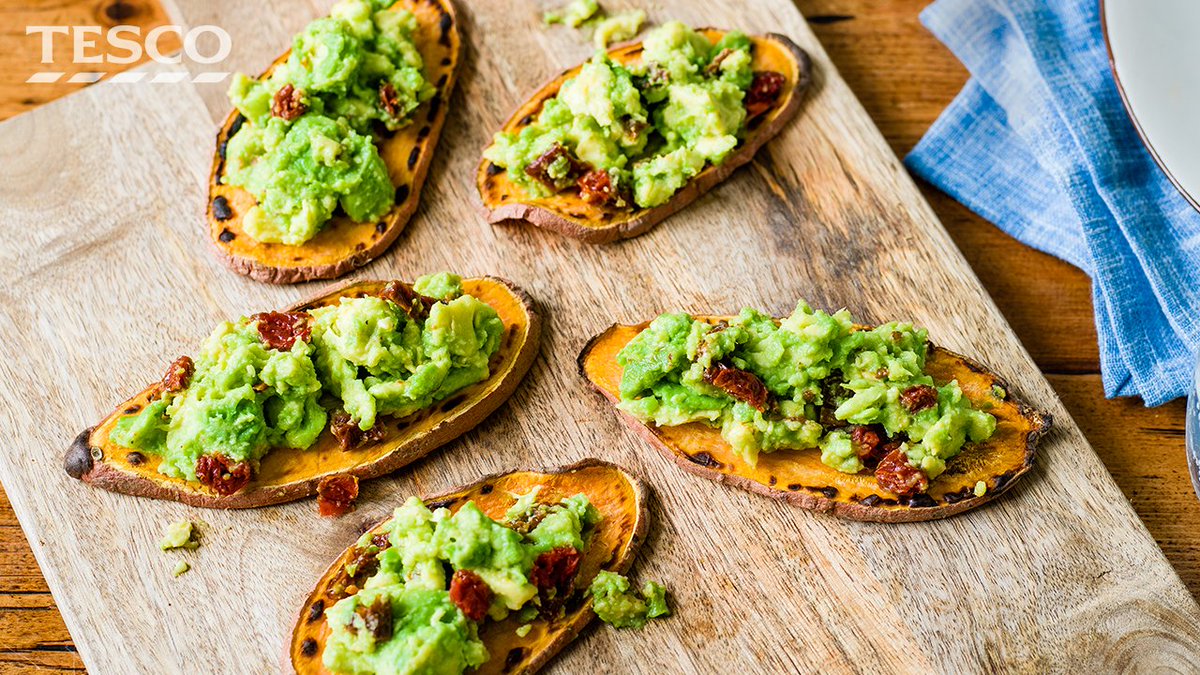 Tesco's tweet photo. No bread? No problem! Just toast slices of sweet potato and top with smashed 🥑 and diced sundried 🍅. 
https://t.co/Nfda1fgKFS https://t.co/fL6W42m2oY