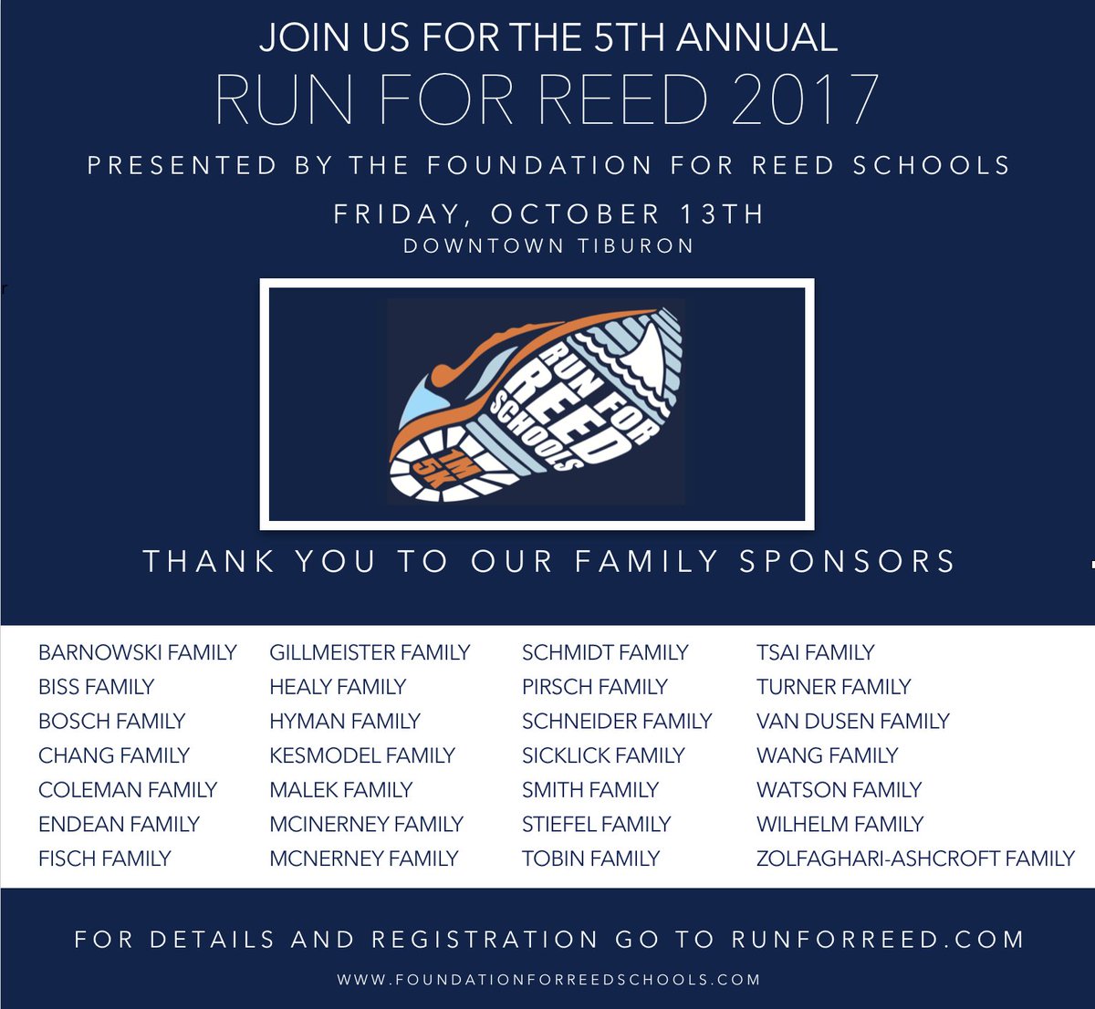 FoundationReed's tweet photo. A huge thank you to our generous family sponsors! Join the R4R in downtown TIburon on Friday, 10/13. Sign up at https://t.co/qMW1uaTUH0 https://t.co/kOZoAlDz6p