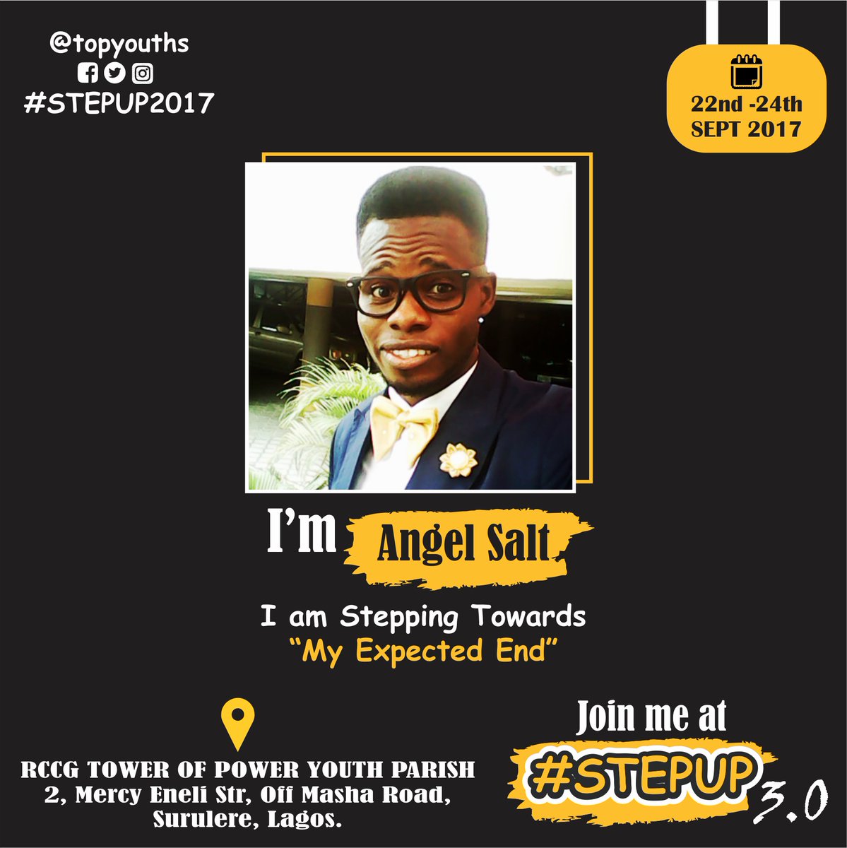 angelthesalt's tweet photo. #HEyBoss, I'll be LIVE @Topyouths #StepUp2017 Fri. 22nd - Sun. 24th 2017  #AngeliTonPinre #digniTREE @dove @rccglp1_youths @PolongoMedia 😎😍😇 https://t.co/novAmuBzYY