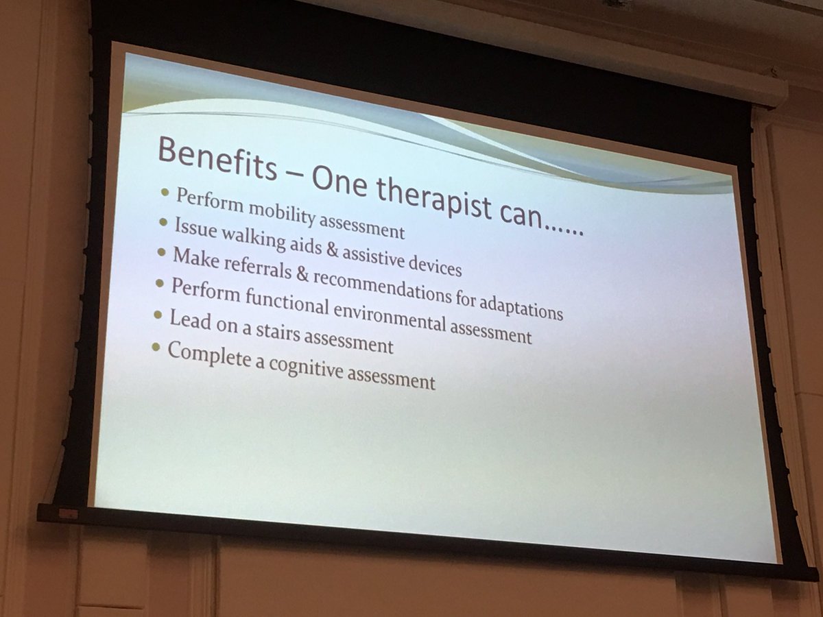 GeriSoc's tweet photo. One therapist can perform mobility assessment, issue walking aids, lead on stairs assessment &amp; complete cognitive assessment #olderpeople17 https://t.co/7nbJzymfQ7