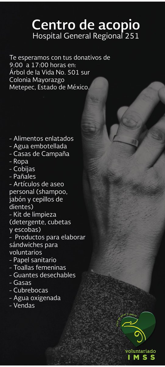 imssedomexpte's tweet photo. Acude a nuestros #CentrosdeAcopio para realizar tu donativo en el #IMSSEdomexpte #FuerzaMéxico ¡te esperamos! 

#comparte👇 https://t.co/zl4ENQ9cQc