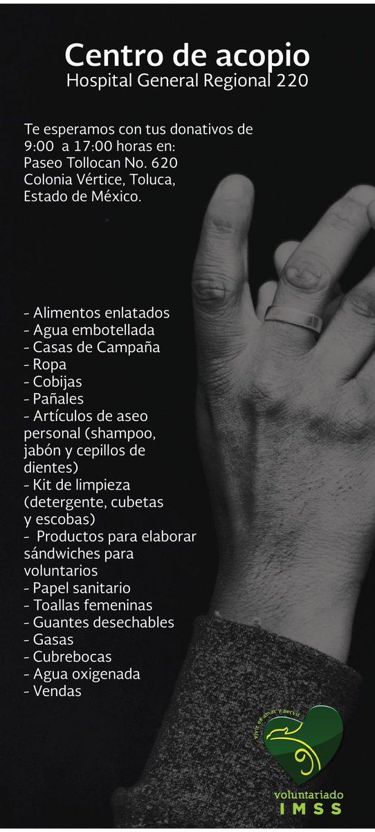 imssedomexpte's tweet photo. Acude a nuestros #CentrosdeAcopio para realizar tu donativo en el #IMSSEdomexpte #FuerzaMéxico ¡te esperamos! 

#comparte👇 https://t.co/zl4ENQ9cQc