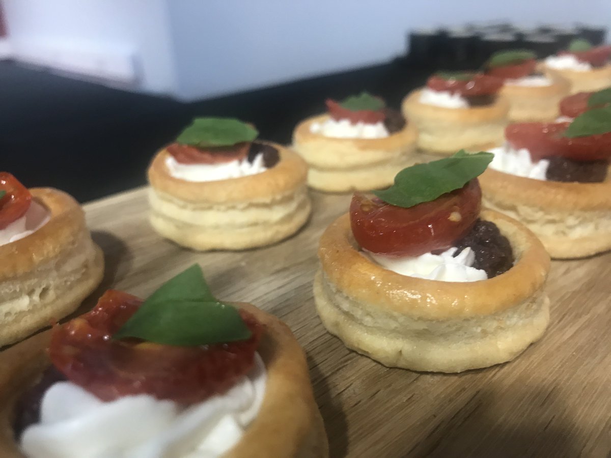 Slow-Roasted Tomato Galettes with Black Olive Tapenade &amp; Goats Cheese #canapes #catering