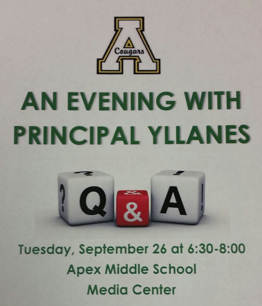 apexmscougars's tweet photo. Calling all Cougar parents: Please join us for an informal 
Q &amp; A session #cougarpride #letschat #buildingrelationships https://t.co/o58YXDpvE5