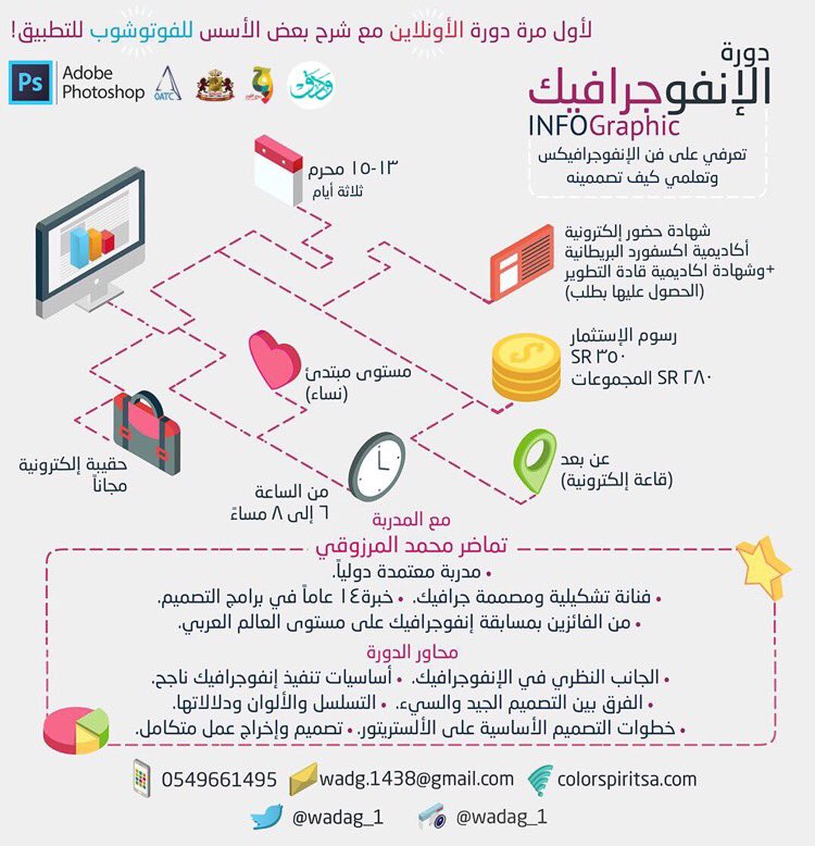 مساءكم ورد 🌹
اذاكنتي مهتمةكثيربالإنفوجرافيك وتبين تعرفينها خطوةبخطوة وأنتي في البيت 🏡 
#دورة_انفوجرافيك #دورة #اون_لاين #تدريب #دورة_اونلاين