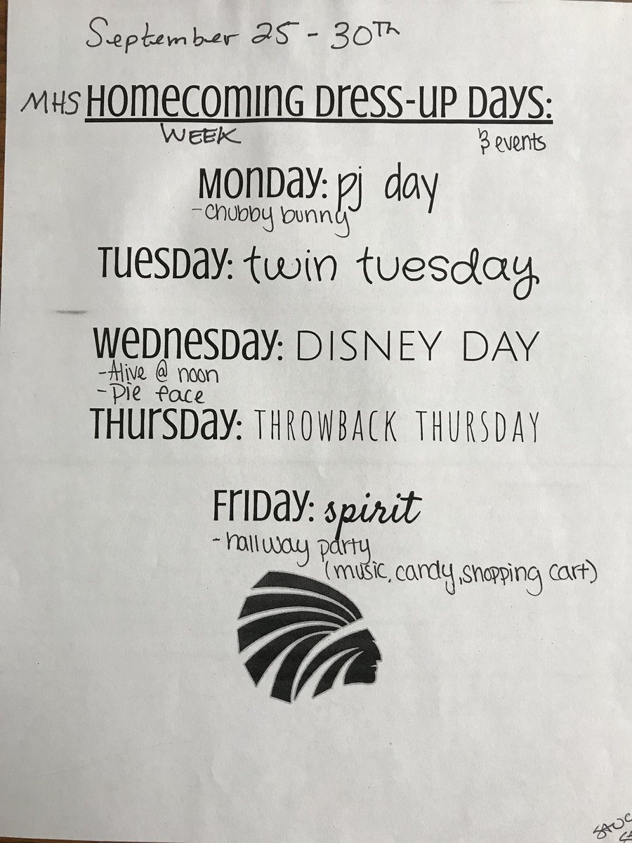 HEY WARRIORS NEXT WEEK IS HOMECOMING WEEK SO HERE ARE YOUR DRESS UP DAYS!💙💛