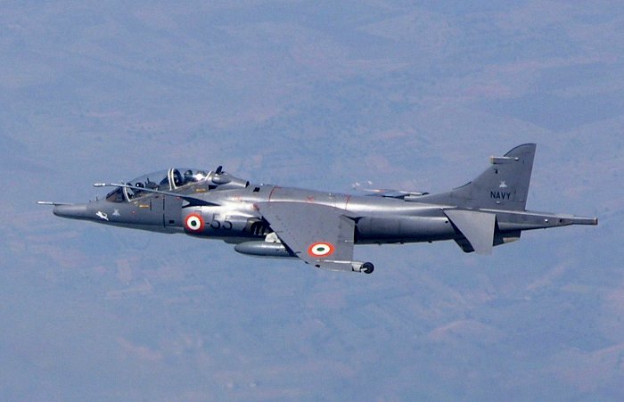 A twin seater IN Mk60 Sea Harrier, caught flying over terra firma for a change!