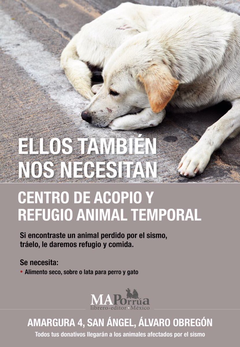 MAPorrua's tweet image. #AyudaCdMx #Sismo #SismoMx   #CentroDeAcopio 
MAPorrúa abre centro de acopio y refugio animal temporal.