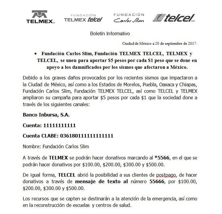 #AyudaAMéxico por cada $1 que dones, se aportarán $5 más para los afectados por los sismos en #MOR, #PUE, #OAX, #CHIS y #CDMX #FuerzaMéxico