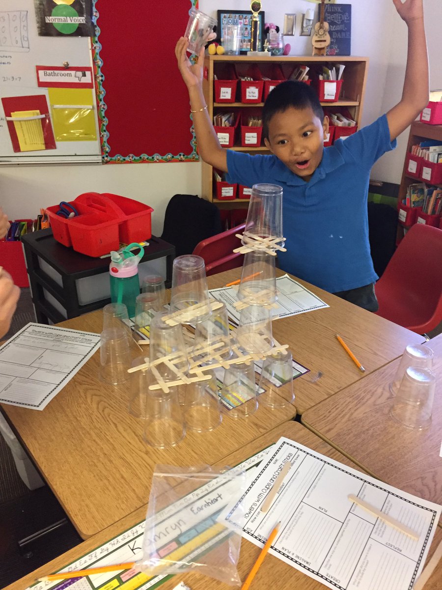 brhammer's tweet photo. Students trying to make the tallest tower with cups and sticks. The challenge: the cups can't touch! #STEM https://t.co/PuR7IUbywQ