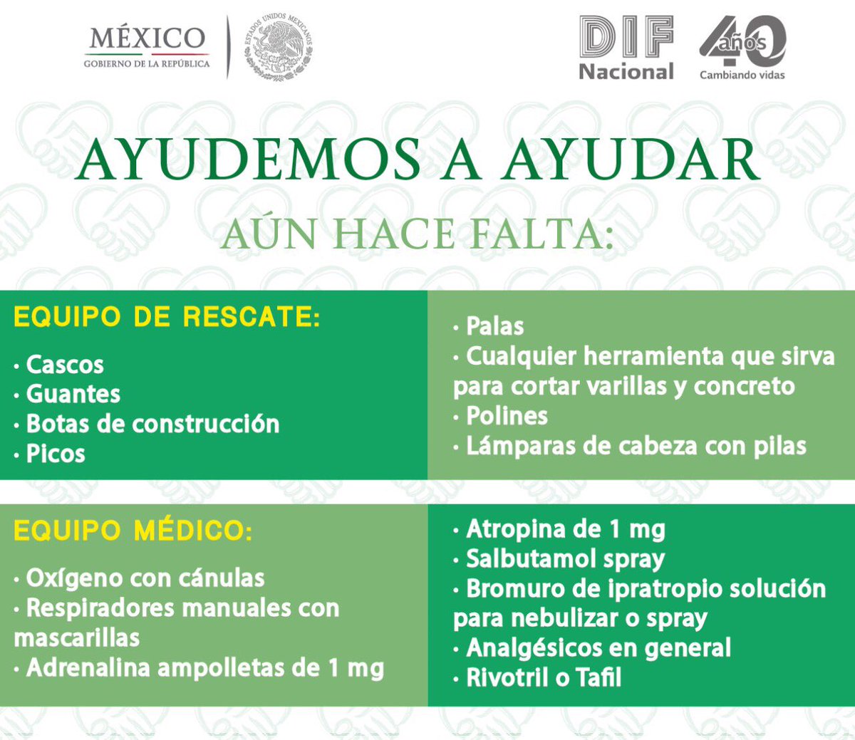DIF_NMX's tweet image. 🆘 #Entérate aún necesitamos equipo médico y de rescate en nuestros #CentrosDeAcopio #FuerzaMéxico 🇲🇽 Consulta la lista 👇
