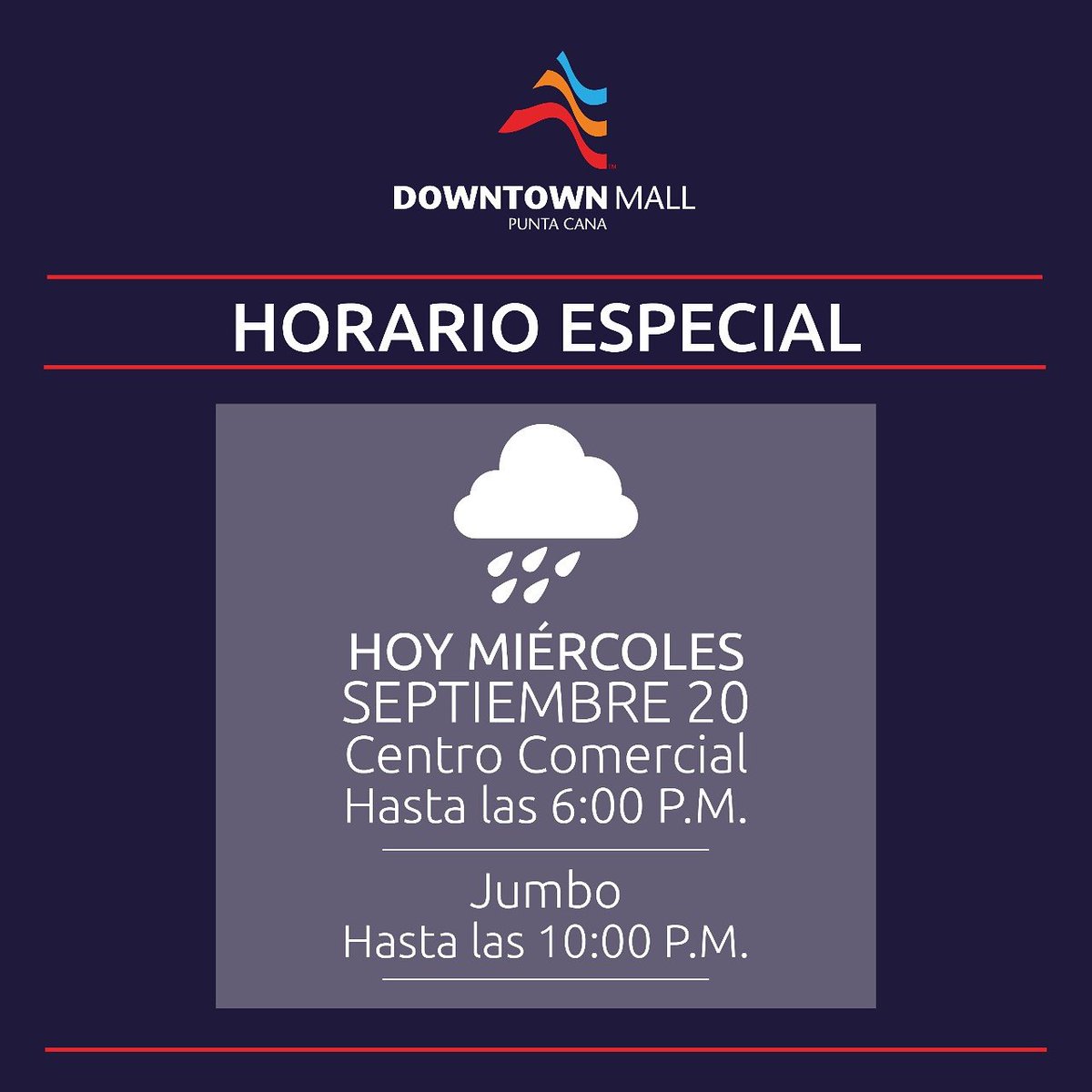 downtownmallpc's tweet photo. Por motivo del paso del Huracán María en nuestra zona estaremos cerraremos nuestras puertas a las 6 P.M.  #downtownmallpc #HuracanMariaRD https://t.co/YHGe1l0sNa