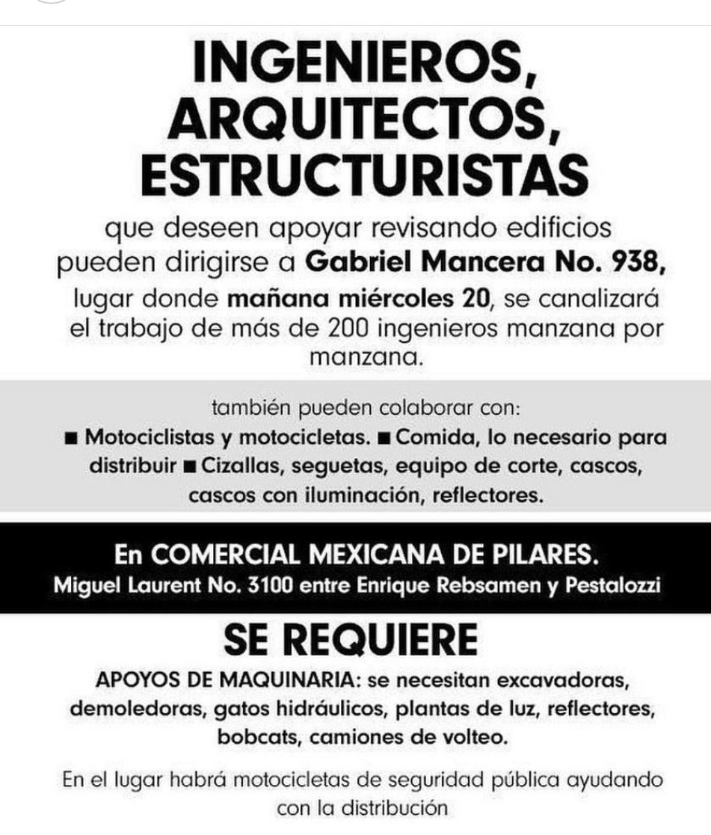 Se necesitan arquitectos, ingenieros y estructuristas. #FuerzaMexico #MexicoUnido  #AyudaCDMX