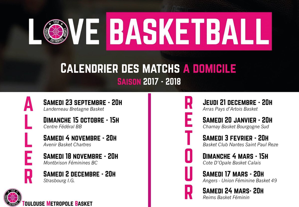 TMB_Basket's tweet photo. 📅🏀 Retrouvez le programme de tous nos matchs à domicile de la saison 2017-2018  #LF2 📍#TOULOUSE https://t.co/tgcQcwqjVC