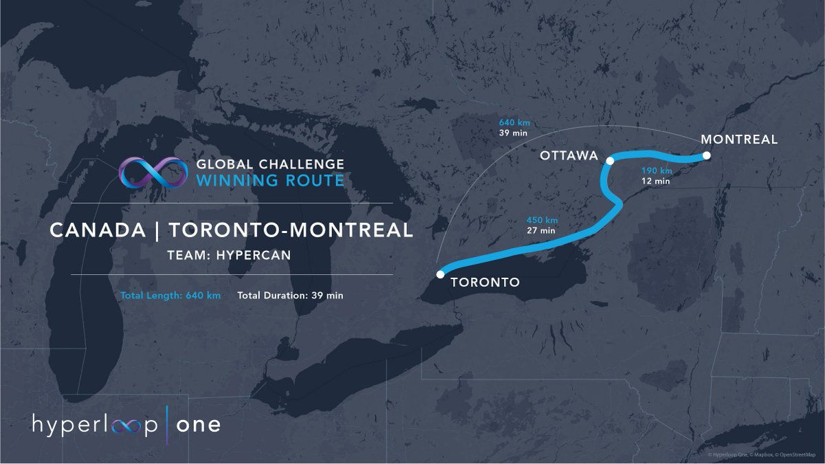 AECOM's tweet photo. Cutting 5 hrs to 39 minutes, travel from Toronto to Montreal on the #HYPERCAN @HyperloopOne route would be a breeze: https://t.co/sQNpjls8kx https://t.co/Lt7exQE5Do