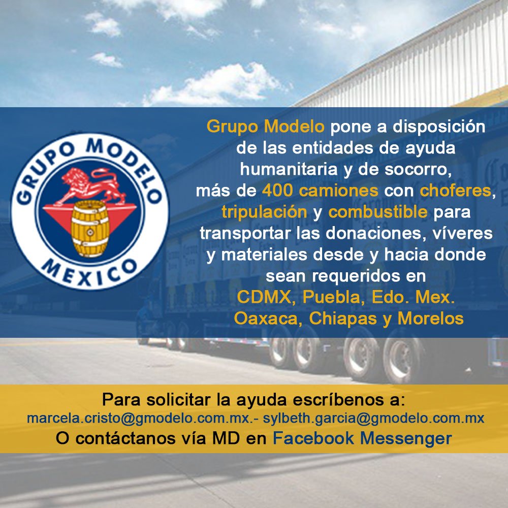 alexjohnsonc's tweet photo. #AyudaCDMX ¡Compartan! Atención, @GrupoModelo_MX ayudará a transportar víveres #MéxicoEstáDePie: https://t.co/AiGgGyW9yh