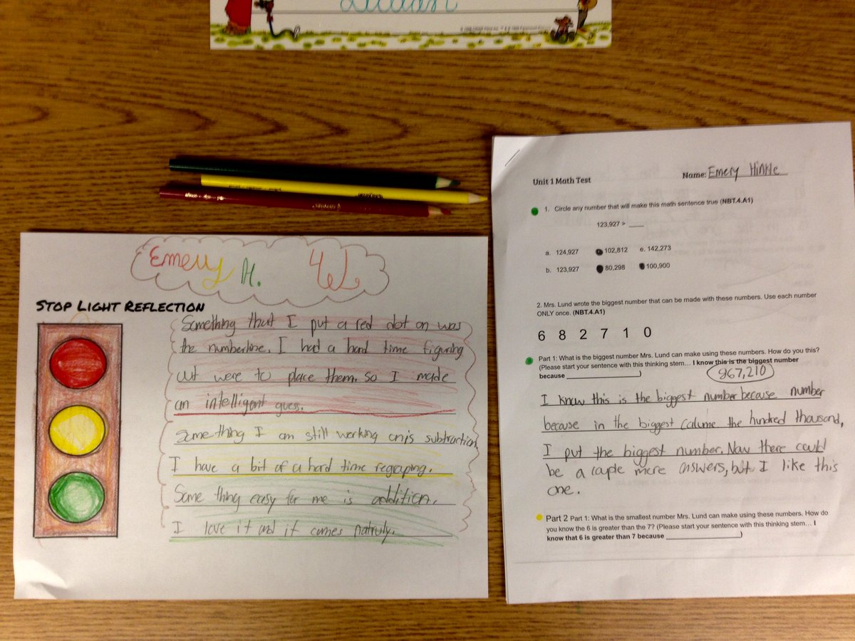 Mrsablund's tweet image. Students show self reflection after testing #stoplightreflection #engageny #ccstandards #placevalue