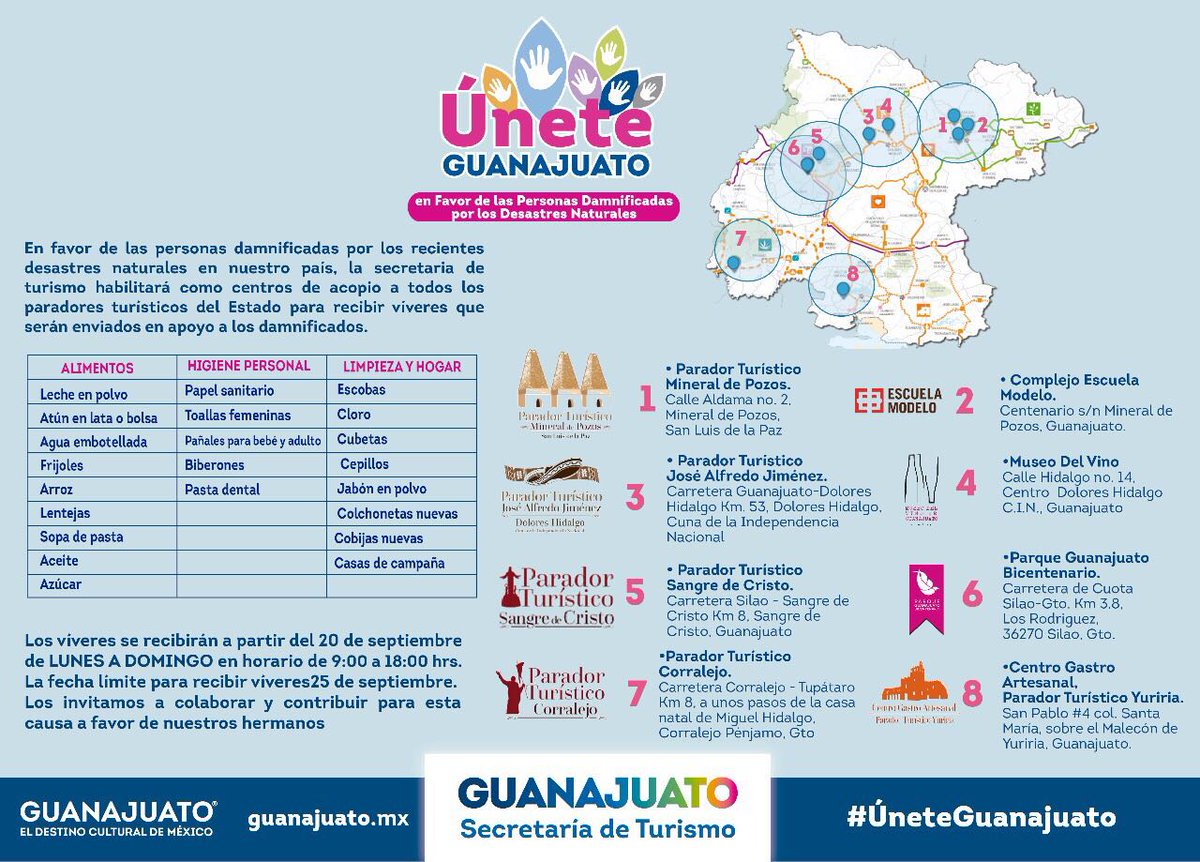 DestinoCultural's tweet photo. #ÚneteGuanajuato
Apoyemos a nuestros hermanos mexicanos
Desde hoy los @PTuristicosGto funcionarán como centros de acopio
#AyudaCDMX https://t.co/mXr3sPVZGY