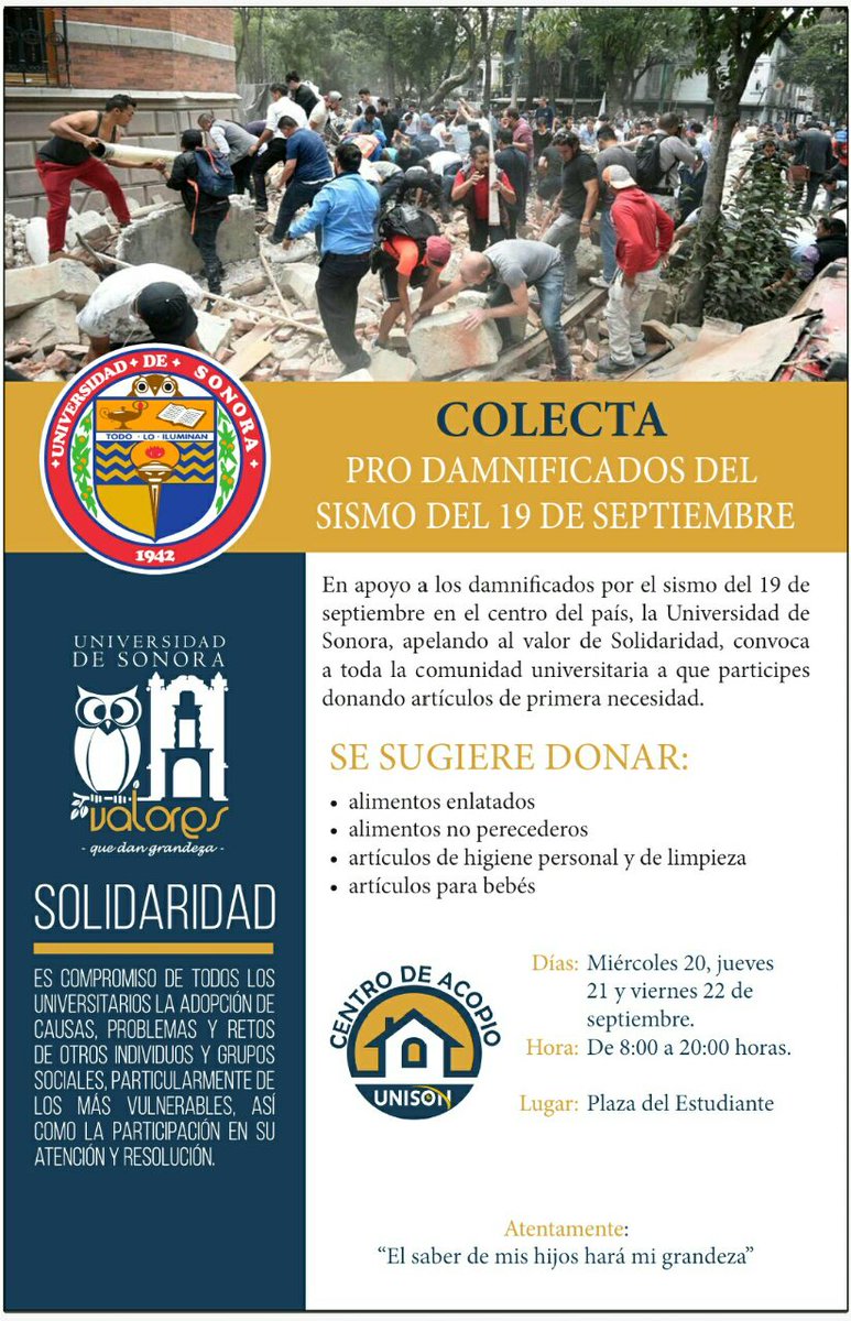 SoyUnison's tweet photo. En la Plaza del Estudiante se estarán recibiendo sus donativos, ¡ayudemos a los damnificados! #SoyUnison #MéxicoUnido @desdelauniversi https://t.co/tnKuZfPMnd