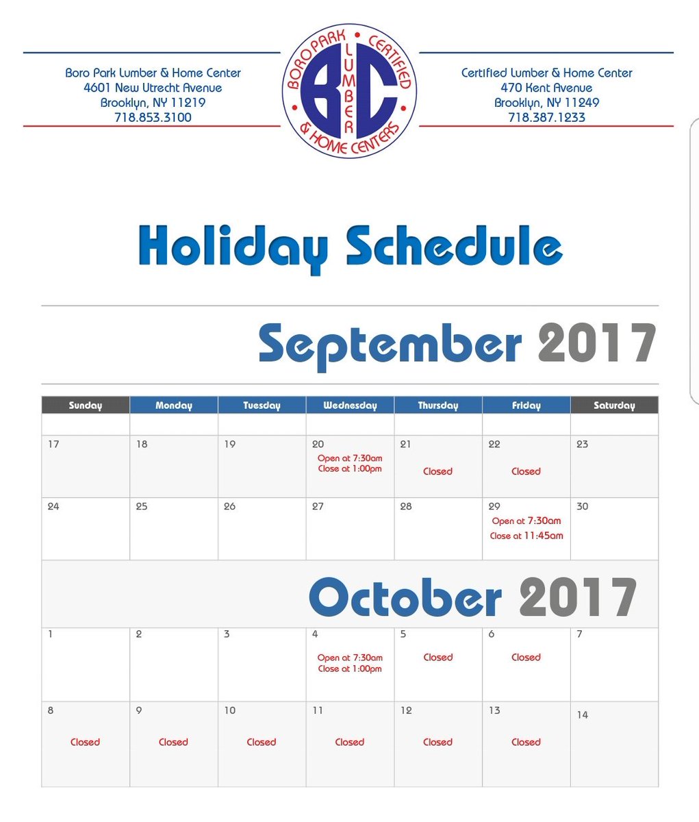 bplumber's tweet image. Holiday schedule for the month of September and October 
#RoshHashanah #yumkuper #sukkahs #lumber