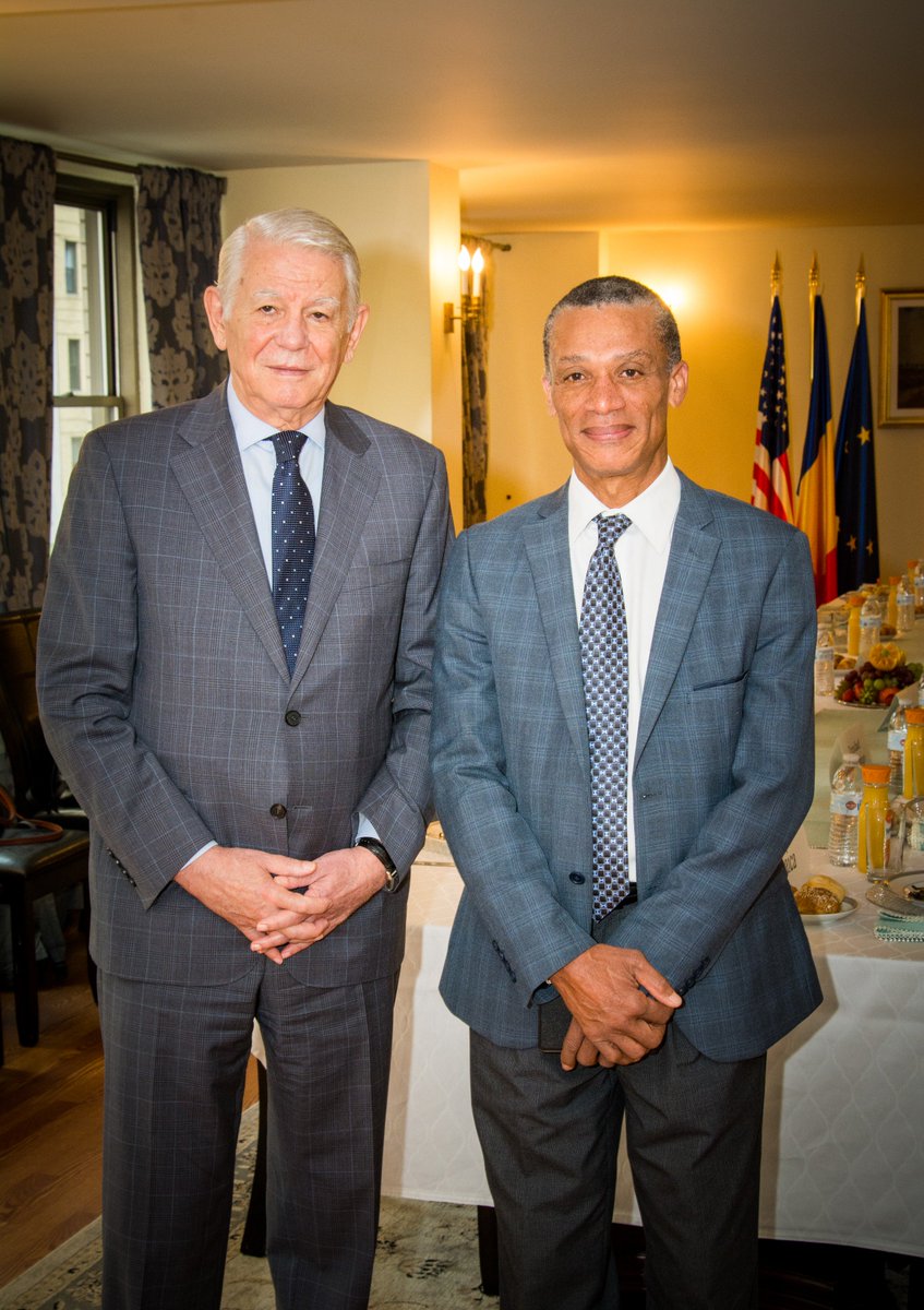Trinbago_UN's tweet photo. The Hon. Minister Dennis Moses and the Minister of Foreign Affairs of Romania, H.E. Teodor Meleșcanu following the CARICOM-Romania Breakfast https://t.co/fLzFfSBguw