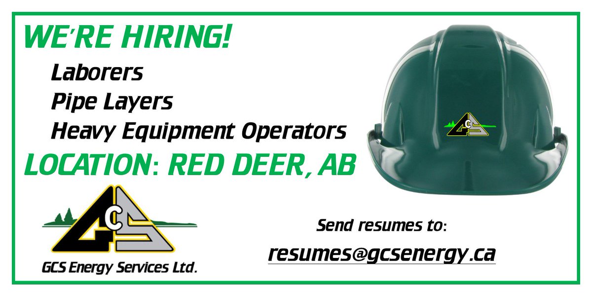 GCS_Energy's tweet photo. WE'RE HIRING! LOCAL Laborers, Heavy Equipment Operators &amp; Pipe Layers in the Red Deer, AB Area. https://t.co/HV8oSMxhuZ