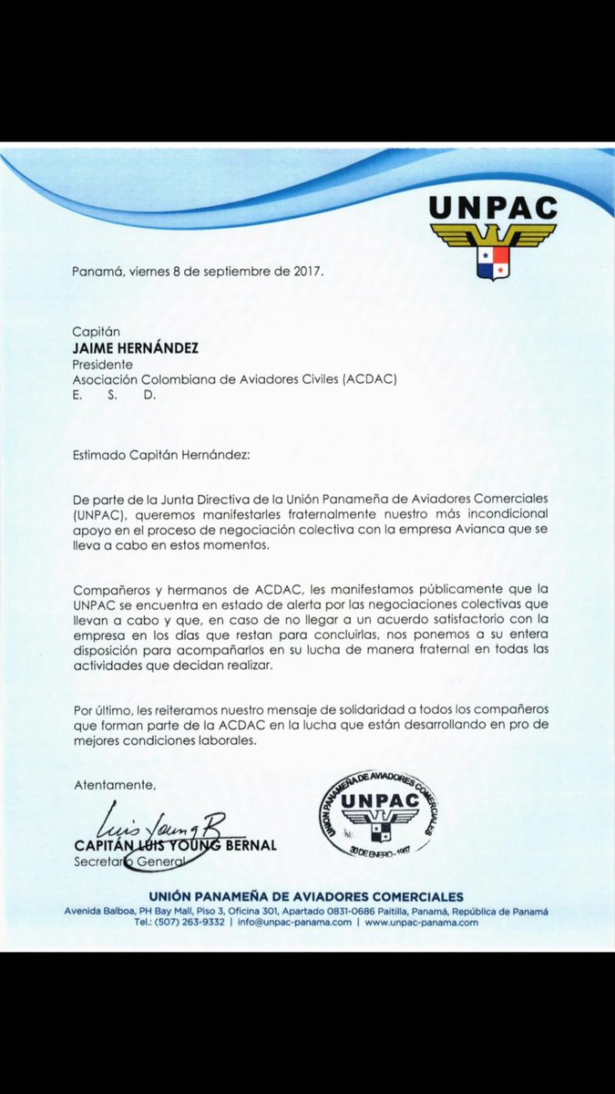 UNPACPANAMA's tweet photo. UNPAC apoya 100% a los pilotos de ACDAC, SIN LUCHA NO HAY VICTORIA https://t.co/UlXUAp8yQy