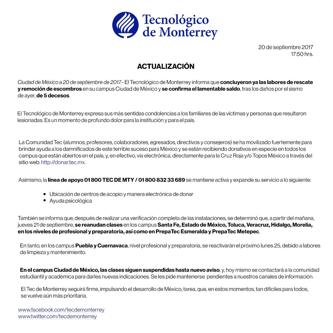 TecdeMonterrey's tweet photo. Actualización 17:50 hrs: Aviso a nuestra comunidad #Sismo https://t.co/fXXR1K3OnG