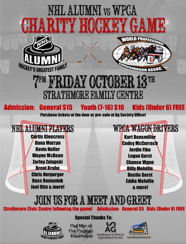Come see the <a href="/WPCAChucks/">WPCA Chucks</a> vs the <a href="/NHL/">NHL</a> alumni at <a href="/StrathStampede/">Strathmore Stampede</a> on October 13th in support of <a href="/hmohhf/">HMOH Heritage Fdn</a>