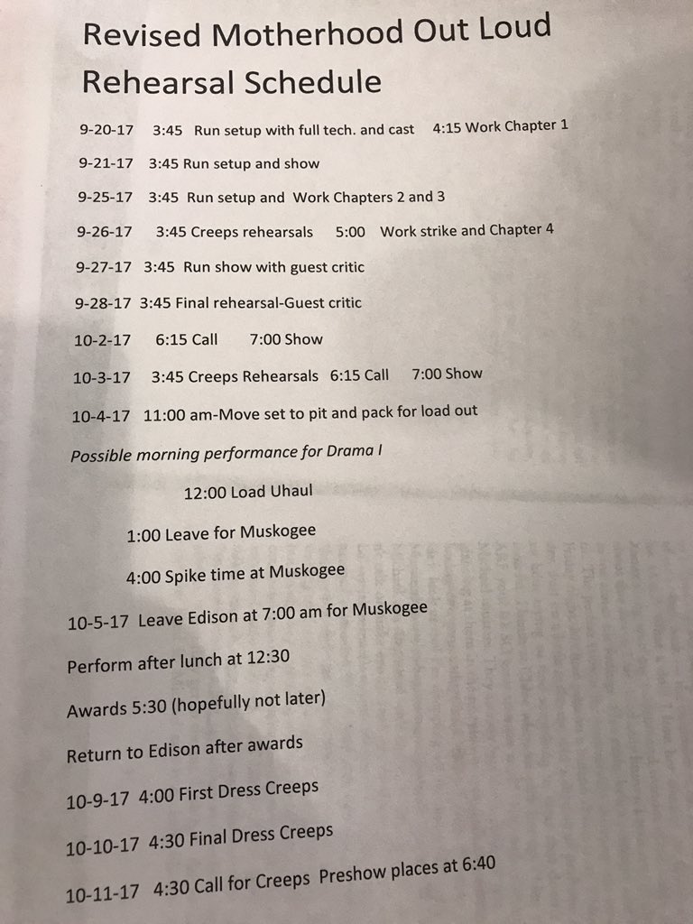 MOTHERHOOD OUT LOUD REHEARSAL SCHEDULE!!!!! #dontmiss