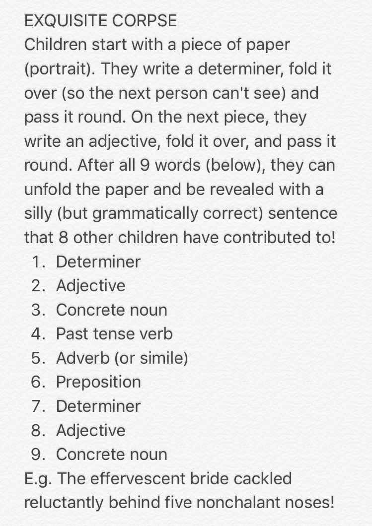 If you haven't played the grammar game "exquisite corpse", you're missing out. A fab (and pretty hilarious) way of recapping word classes!