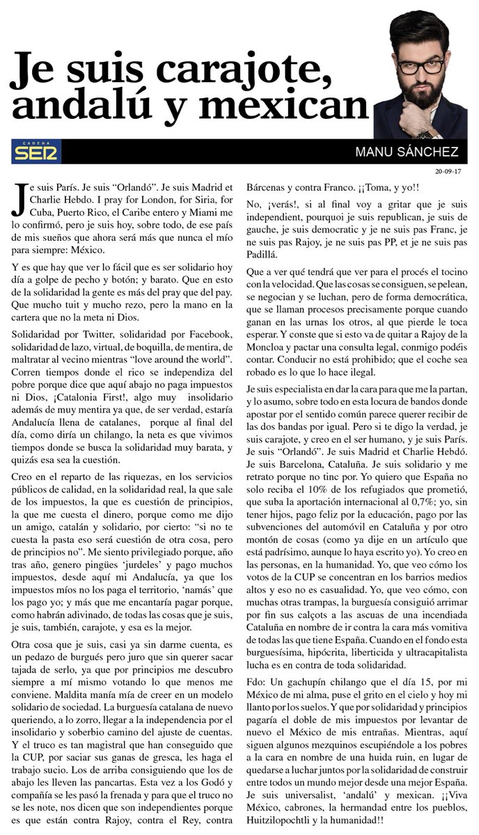 🔴Columna|JE SUIS CARAJOTE,ANDALÚ Y MEXICAN xq esta burguesísima y ultracapitalista lucha es contra toda solidaridad
cadenaser.com/emisora/2017/0…